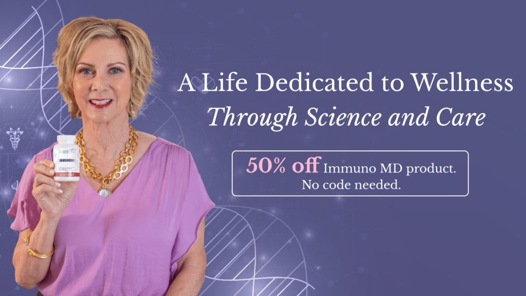 Lisa King holding a bottle of Immuno MD product, smiling and standing in front of a scientific background with a promotional message offering 50% off the product.