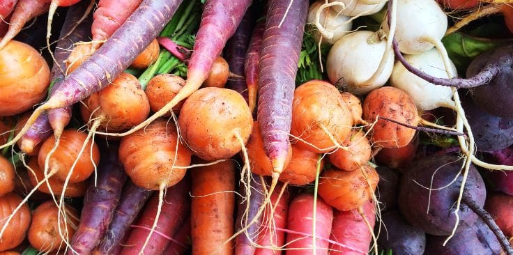 assorted colorful carrots and red root vegetables piled together.