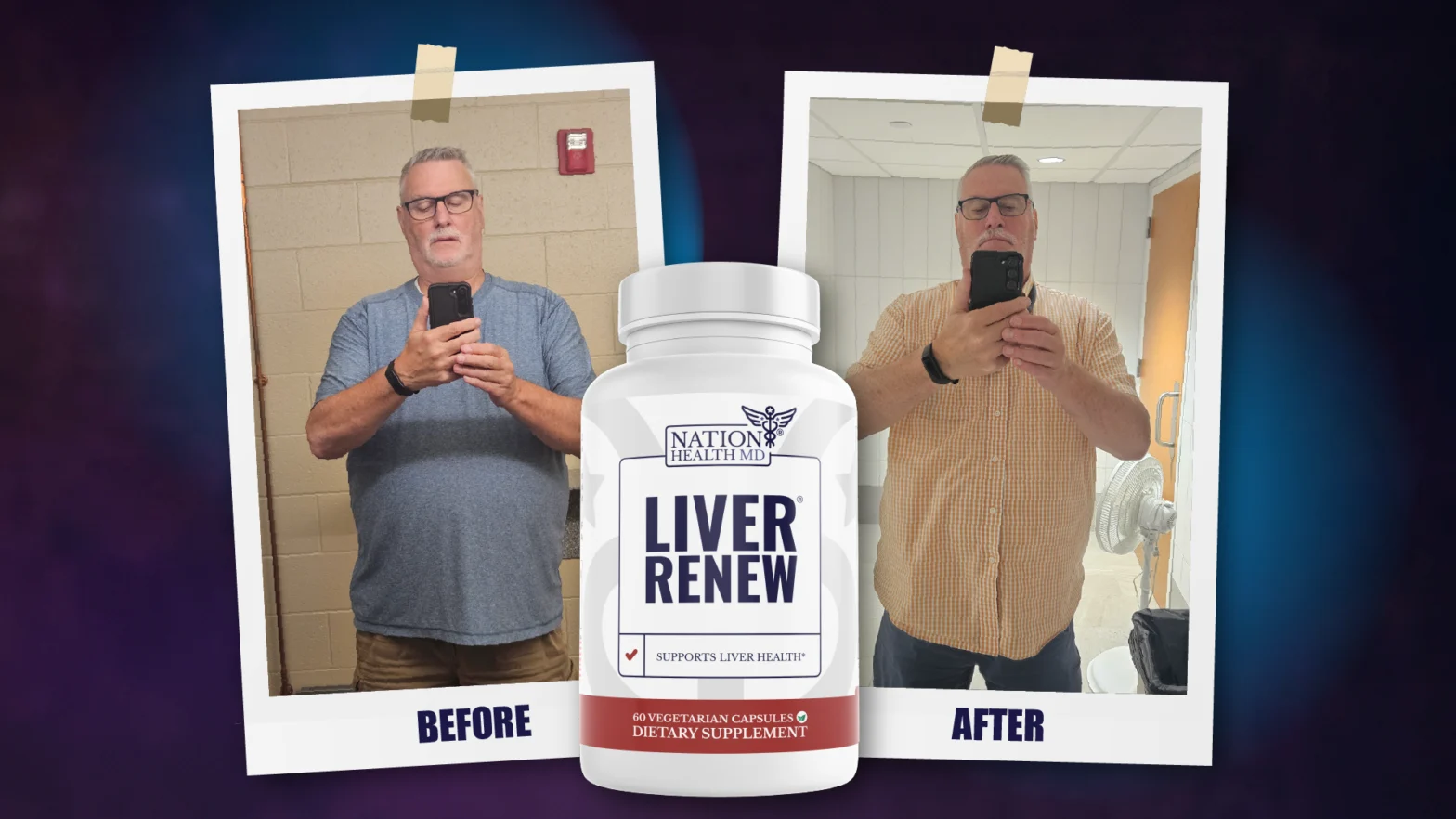 Two images of a man standing in front of a mirror. In the middle of the images there is a Liver Renew bottle.