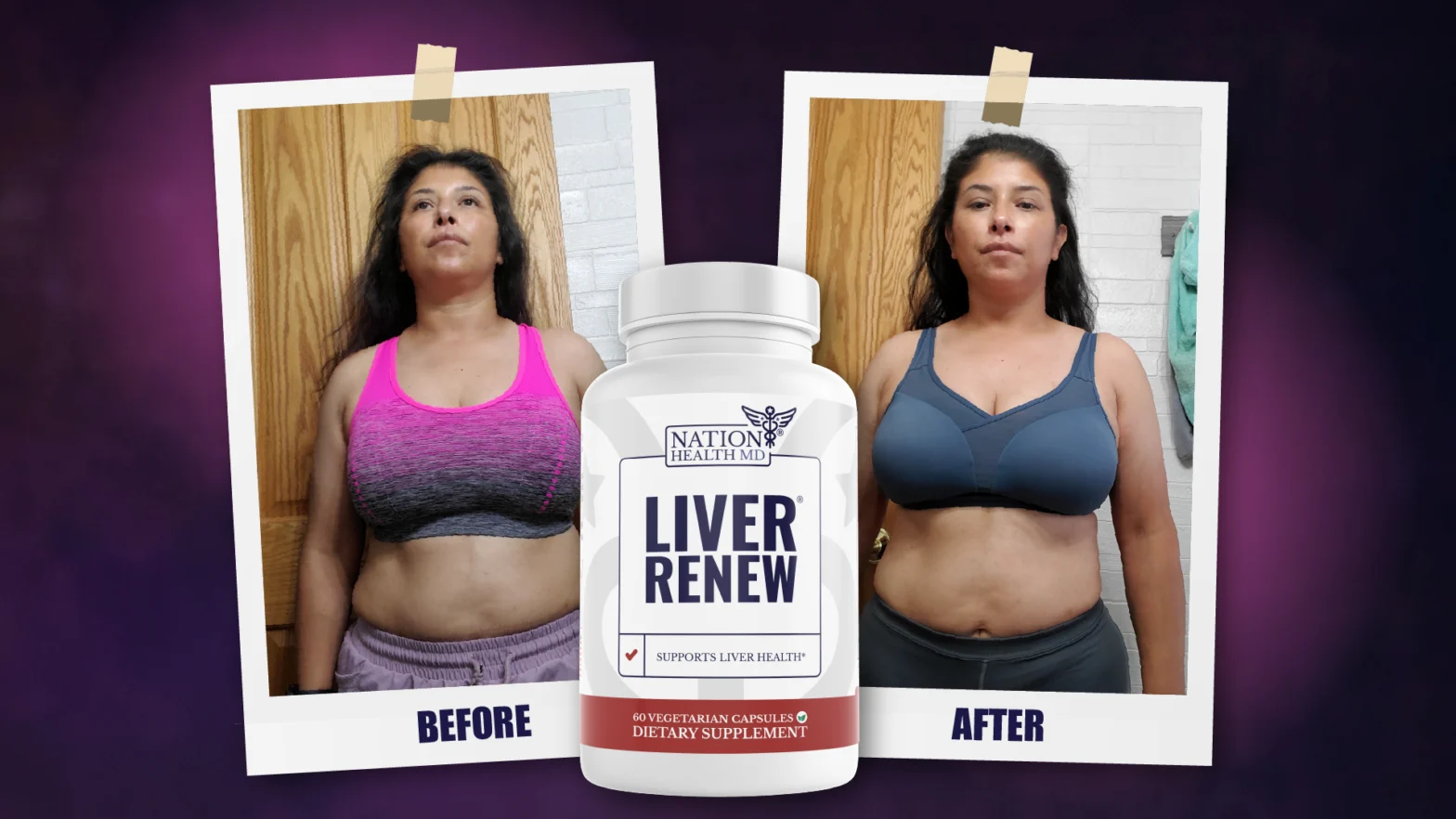 Two images of a woman standing. In the middle of them is the Liver Renew supplement bottle.