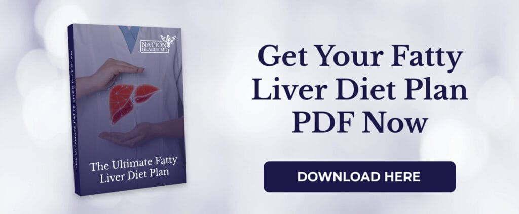 banner showing a digital book titled "The Ultimate Fatty Liver Diet Plan" with a call-to-action button to download the PDF.