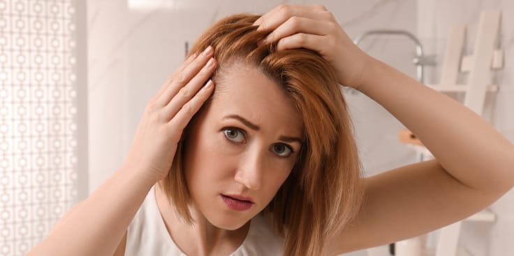 a woman inspects her hair, looking concerned as she examines thinning spots at the scalp.