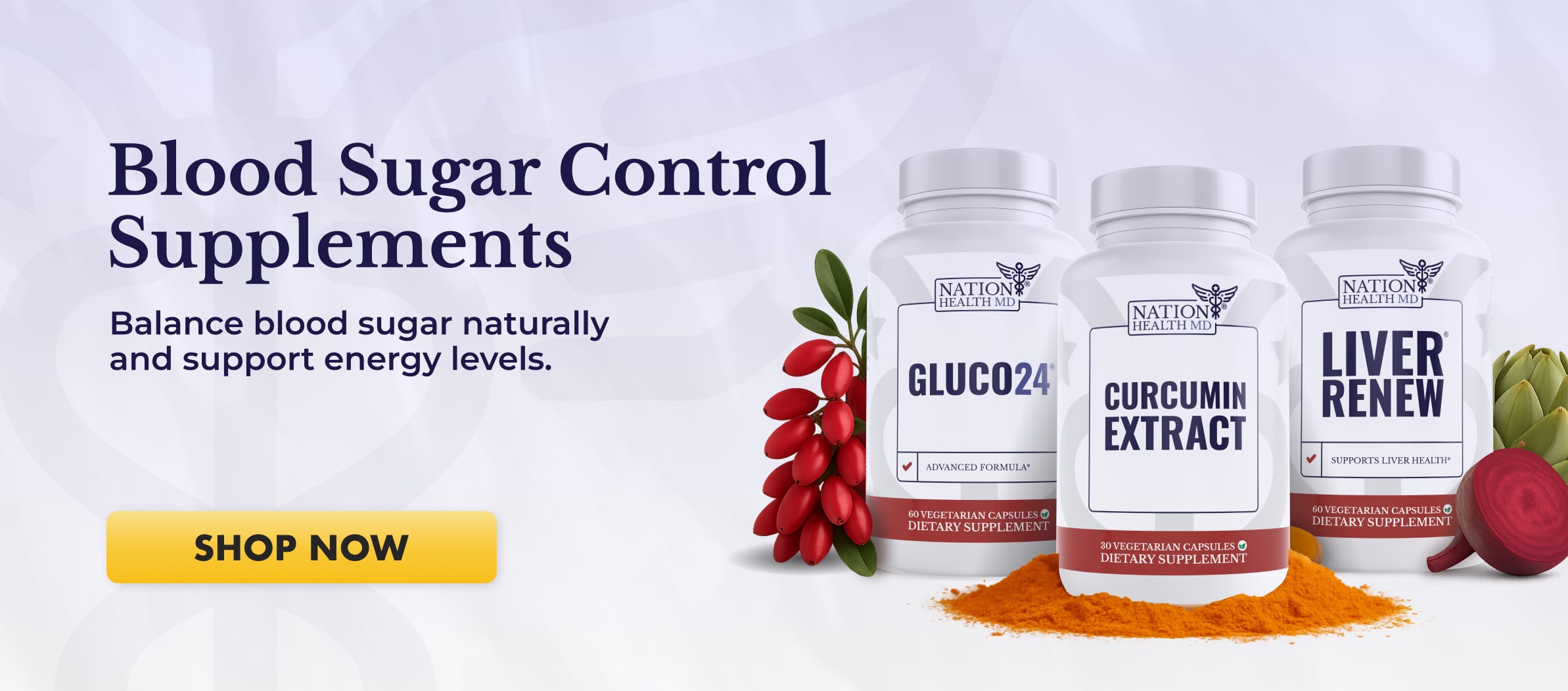 blood sugar control supplements of Nation Health MD. Gluco24, Curcumin Extract, Liver Renew
